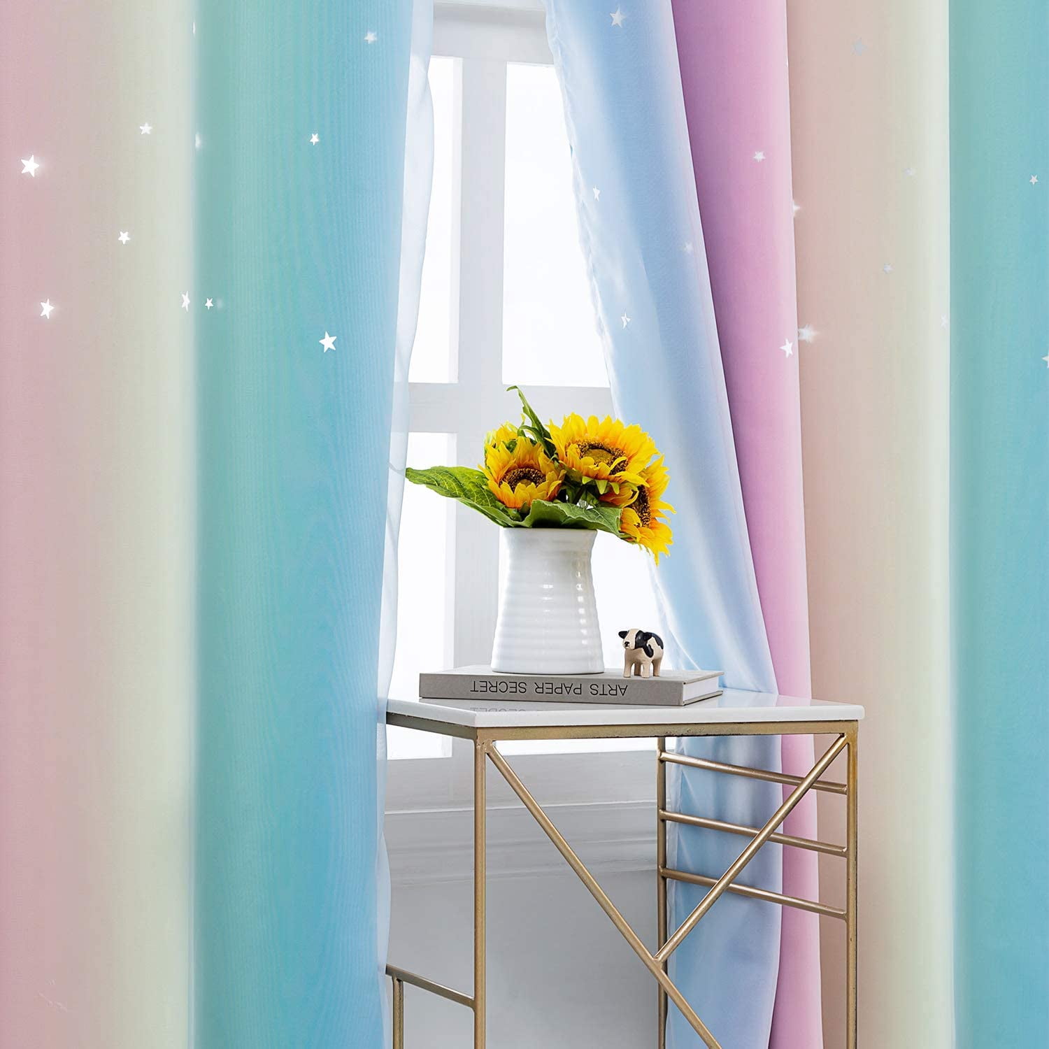 Anjee Blackout Curtains for Kids Girls Bedroom Curtain,Star Curtain Dual Layer Curtains with Sheer 2 Panel Set,52" x 84",Blue Pink Yellow