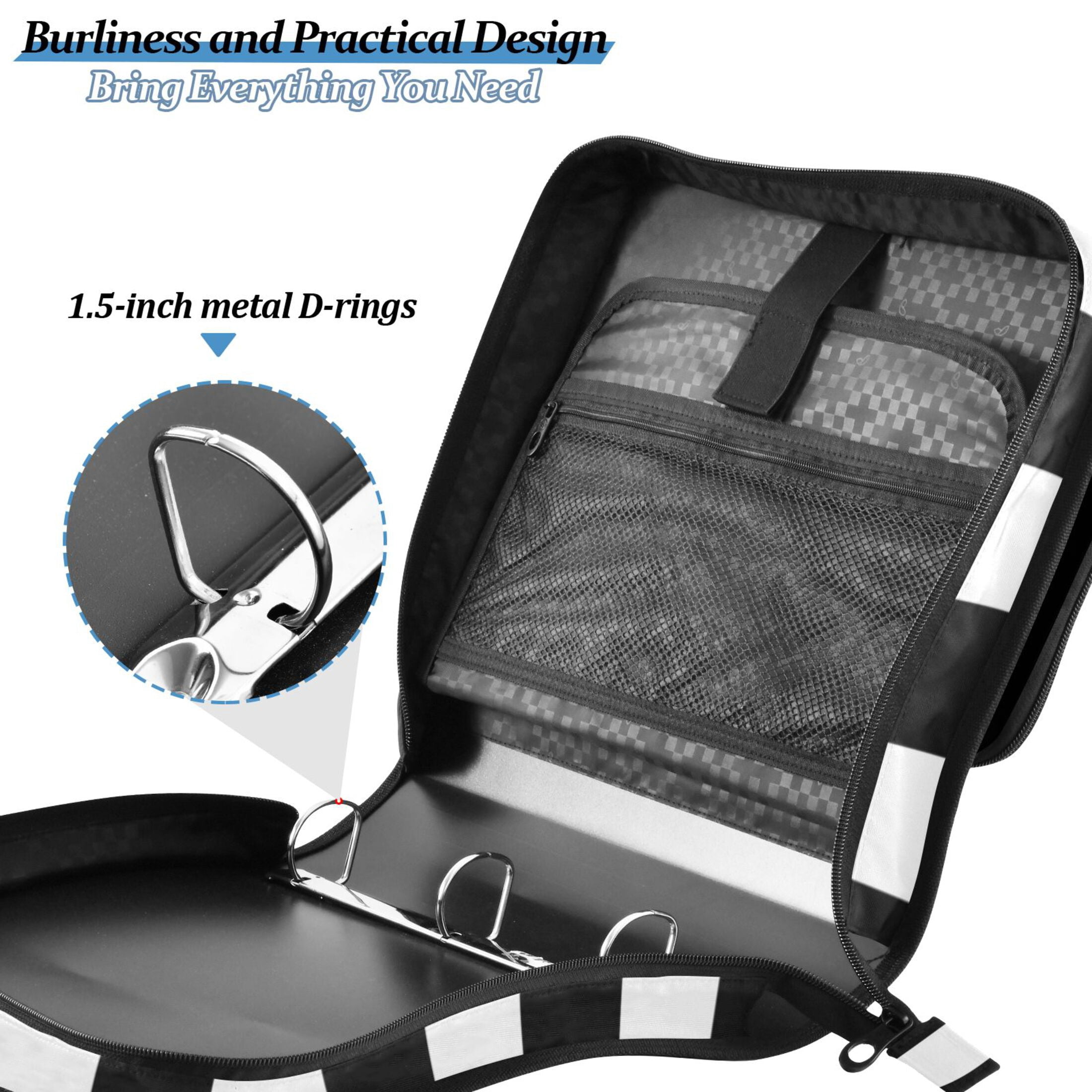 3 Ring Zipper Binder with Shoulder Strap Waterproof Trapper Keeper 2 Inch D-Ring 500 Sheets Capacity Black and White Striped
