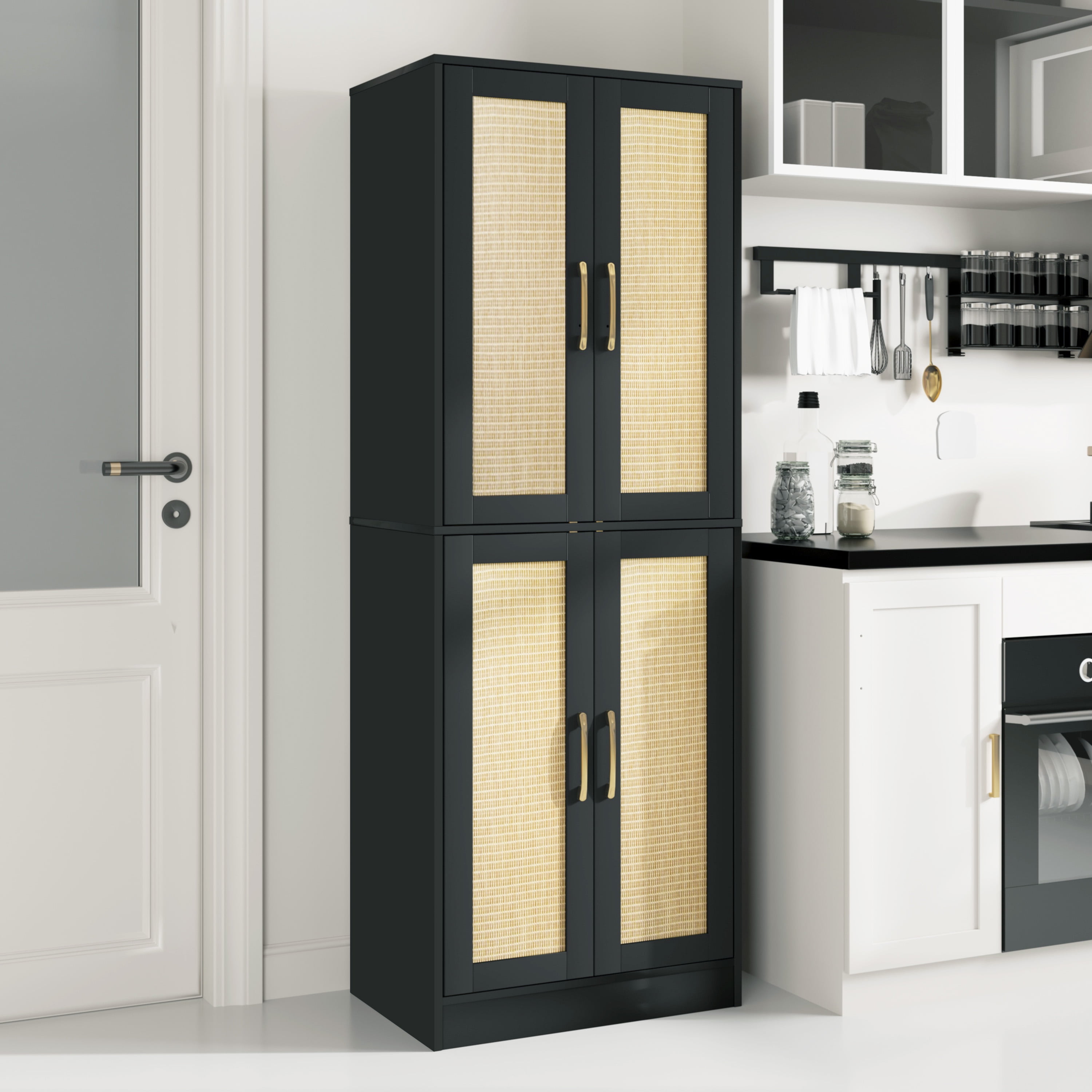 BOCVKENN Storage Cabinet - Kitchen Pantry Cabinet, Tall Pantry Storage Cabinet Freestanding with 4 Rattan Doors and Adjustable Shelves, Cupboard Cabinet for Dining Living Room, Laundry, Bathroom