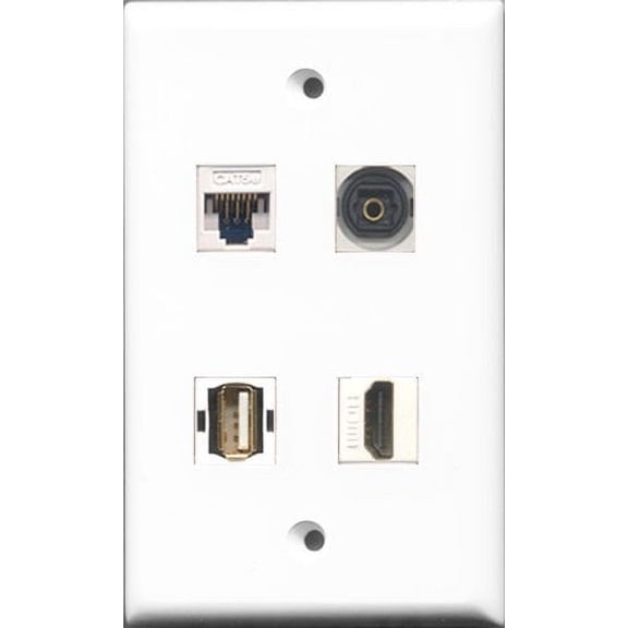 RiteAV 1 Port HDMI and 1 Port USB A-A and 1 Port Toslink and 1 Port Cat5e Ethernet White Wall Plate