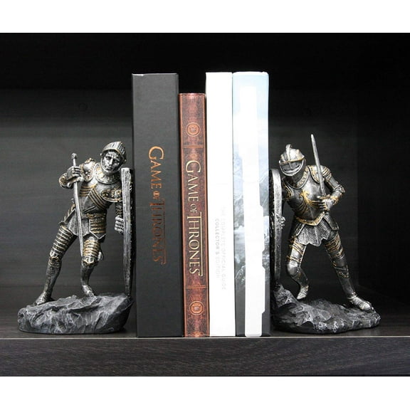 Dueling Medieval Crusader Knights W/ Coat Of Arms Heraldry Shields Bookends Set