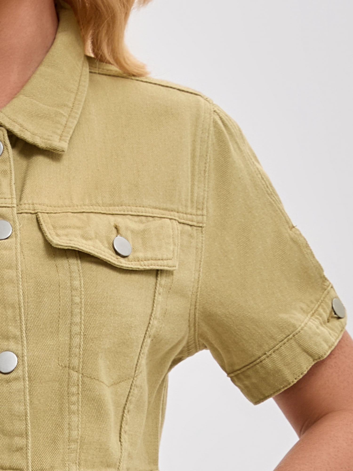 DARING DIVA Women's Short Sleeve Denim Rendy Casual Cropped Jean Jacket 2XL Khaki