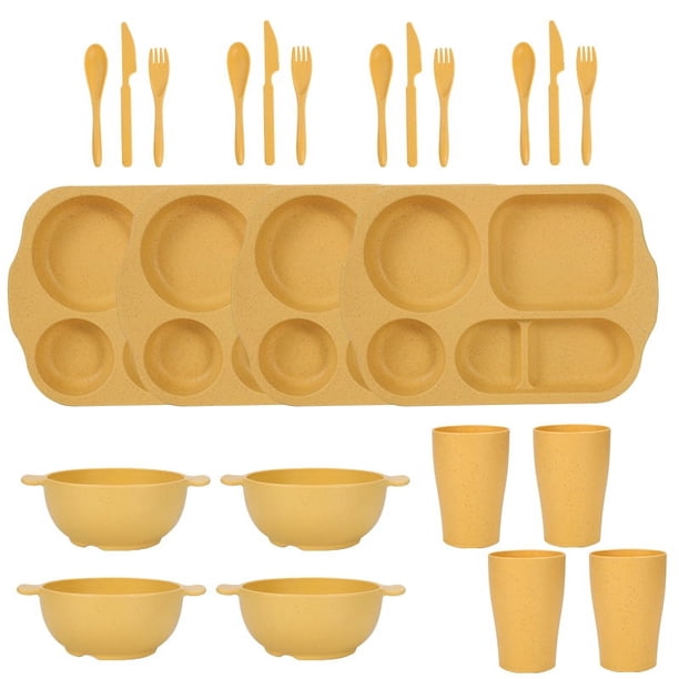 Nvzi 24Pcs Wheat Straw Dinnerware Cutlery Sets, Divided Plates Unbreakable Bowl Microwave Dishwasher Safe Tableware Cutlery -Yellow