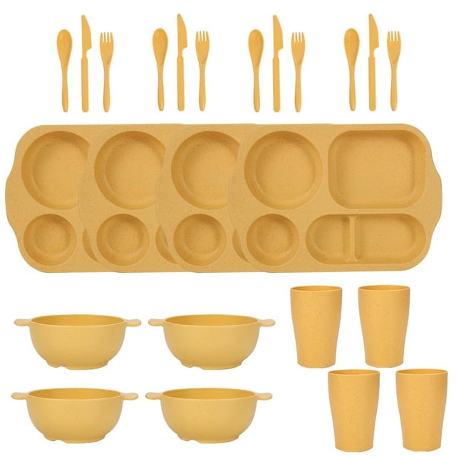 Nvzi 24Pcs Wheat Straw Dinnerware Cutlery Sets, Divided Plates Unbreakable Bowl Microwave Dishwasher Safe Tableware Cutlery -Yellow