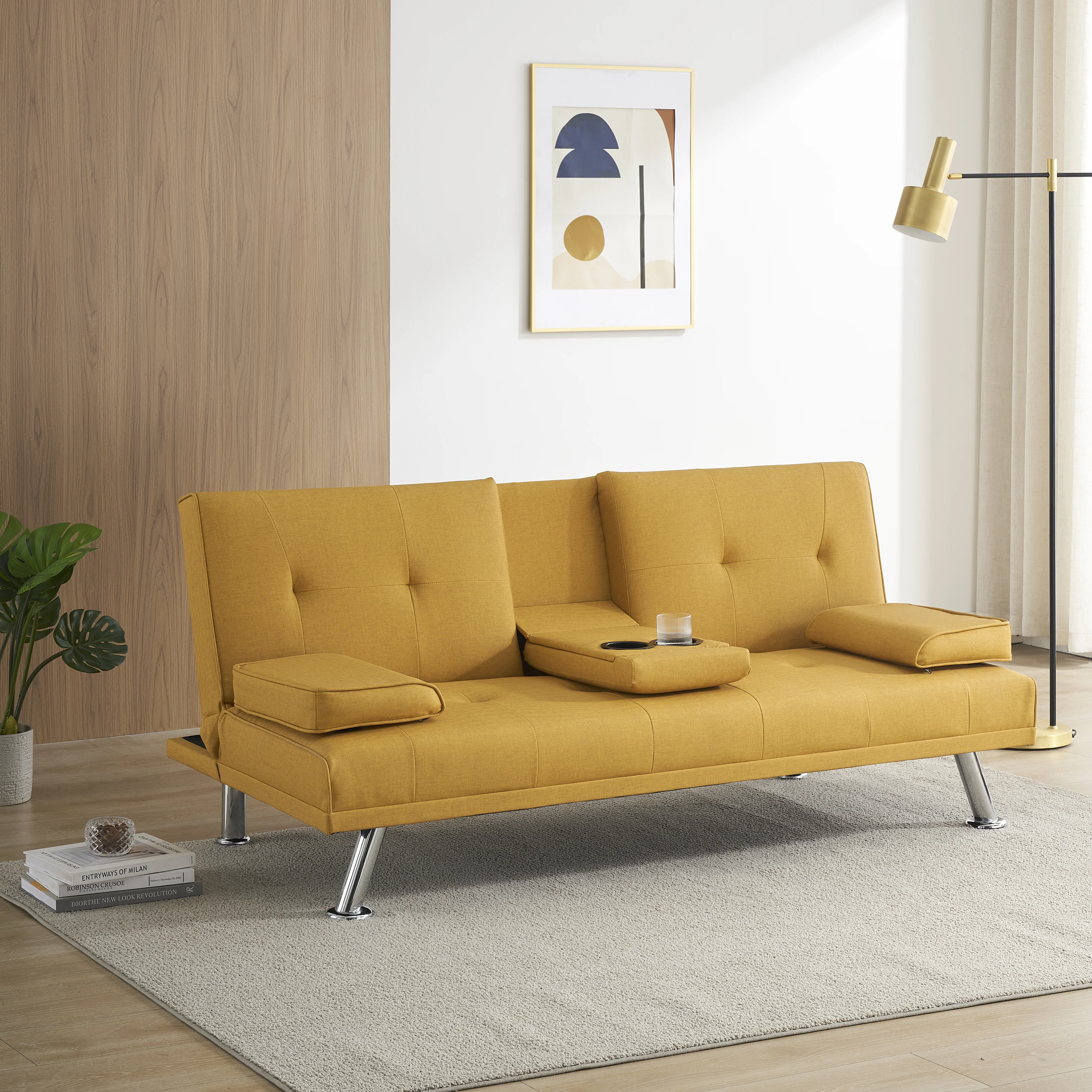 Yardi Yard Leather 67" Sofa Convertible Sofa Bed, Living Room Yellow Futon Couch Yardi Yard Leather 67" Sofa Convertible Sofa Bed, Living Room Yellow Futon Couch