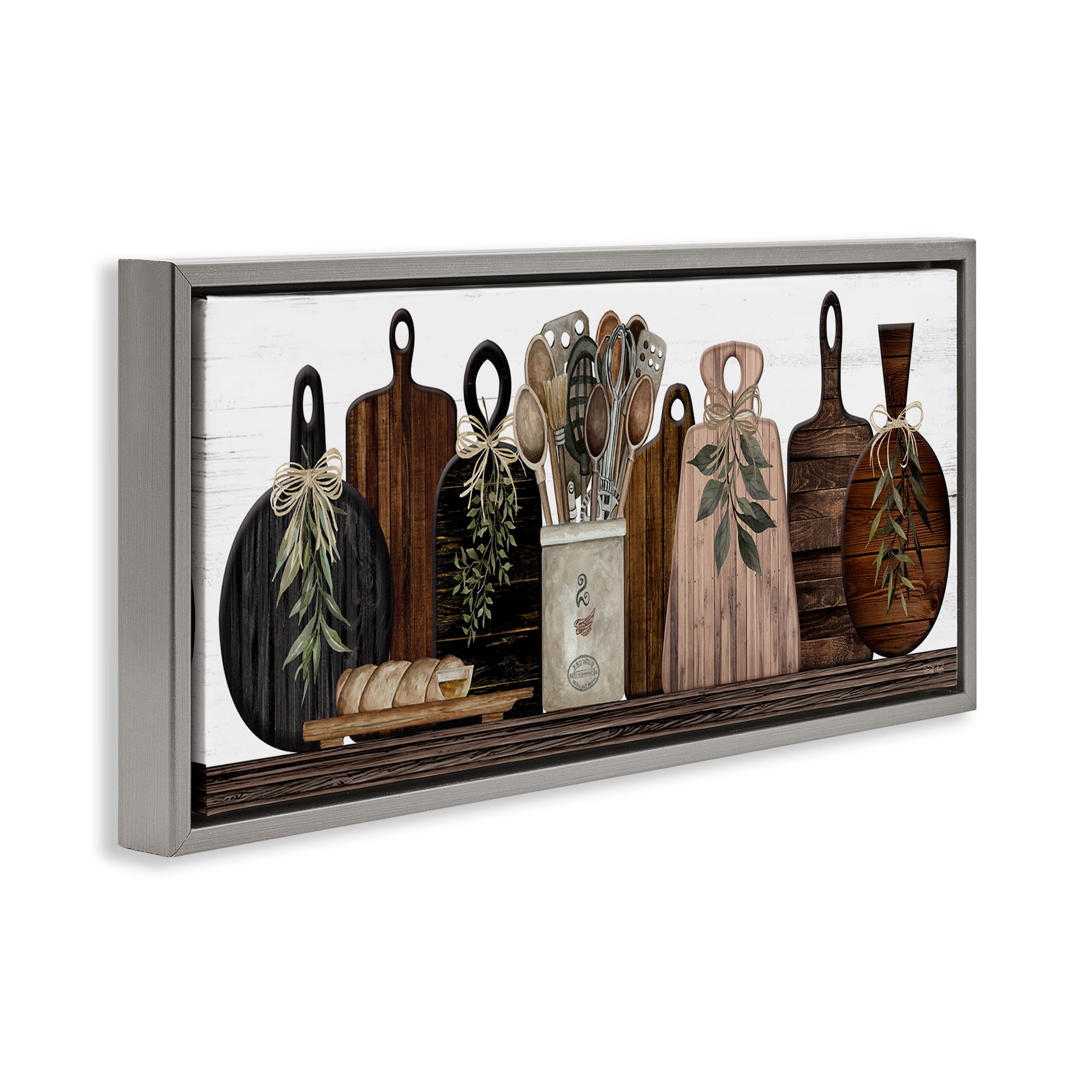 Stupell Industries Wooden Kitchen Items Food & Beverage Painting Gray Floater Framed Canvas Art Print Wall Art, 31 x 14