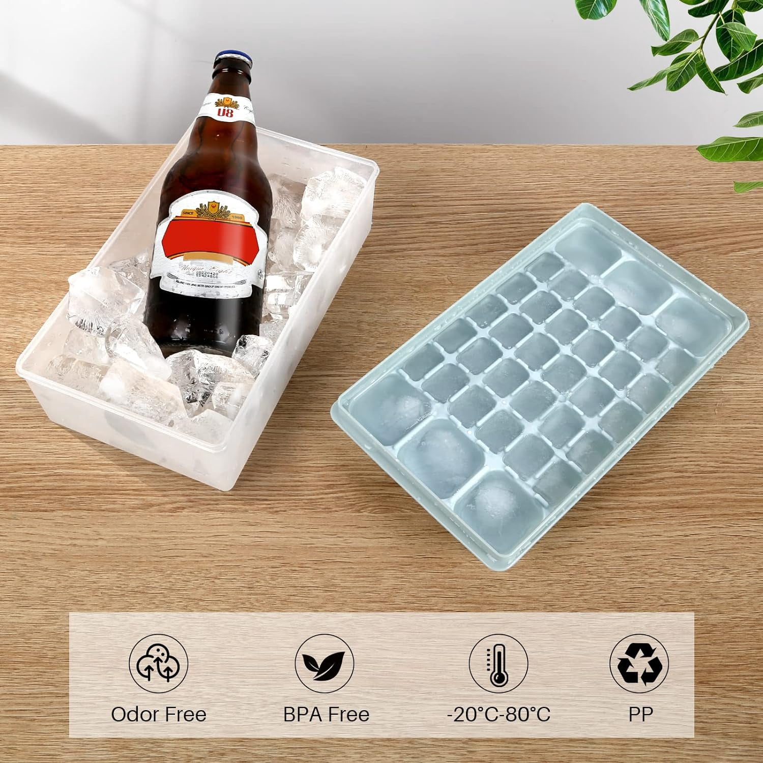 Ice Cube Tray with Lid and Freezer Storage Bin - Molds BPA Free Container | Scoop Easy Removable Bucket Large Mold Maker, Light Blue