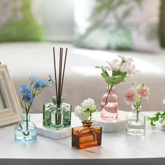 Glasseam Set of 5 Mini Colorful Glass Bud Vases: Small Modern Centerpiece Decor for Weddings Dining Table Colored Thick Heavy Base Flower Vases for Roses Eucalyptus Tulips