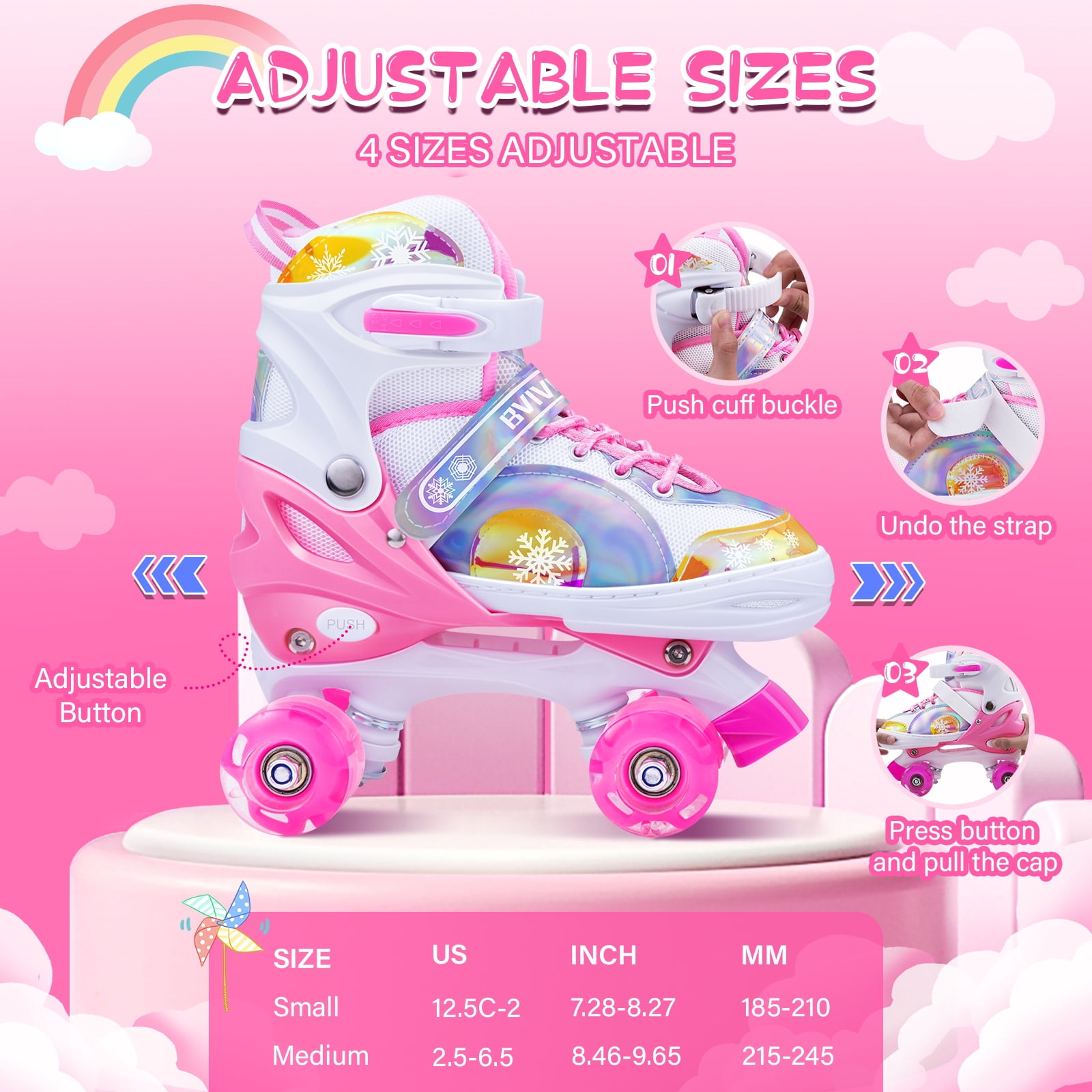 Bvivok Roller Skates for Girls Size (S: 12C-1.5Y), 4 Sizes Adjustable, with Light up Wheels, Pink