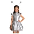 thumbnail image 1 of vastwit Robe 2 Pcs pour Filles Enfants Alien Manches Volantes Brillantes Iridescentes Robe Tutu à Volants avec Serre-Tête Argent 10, 1 of 6