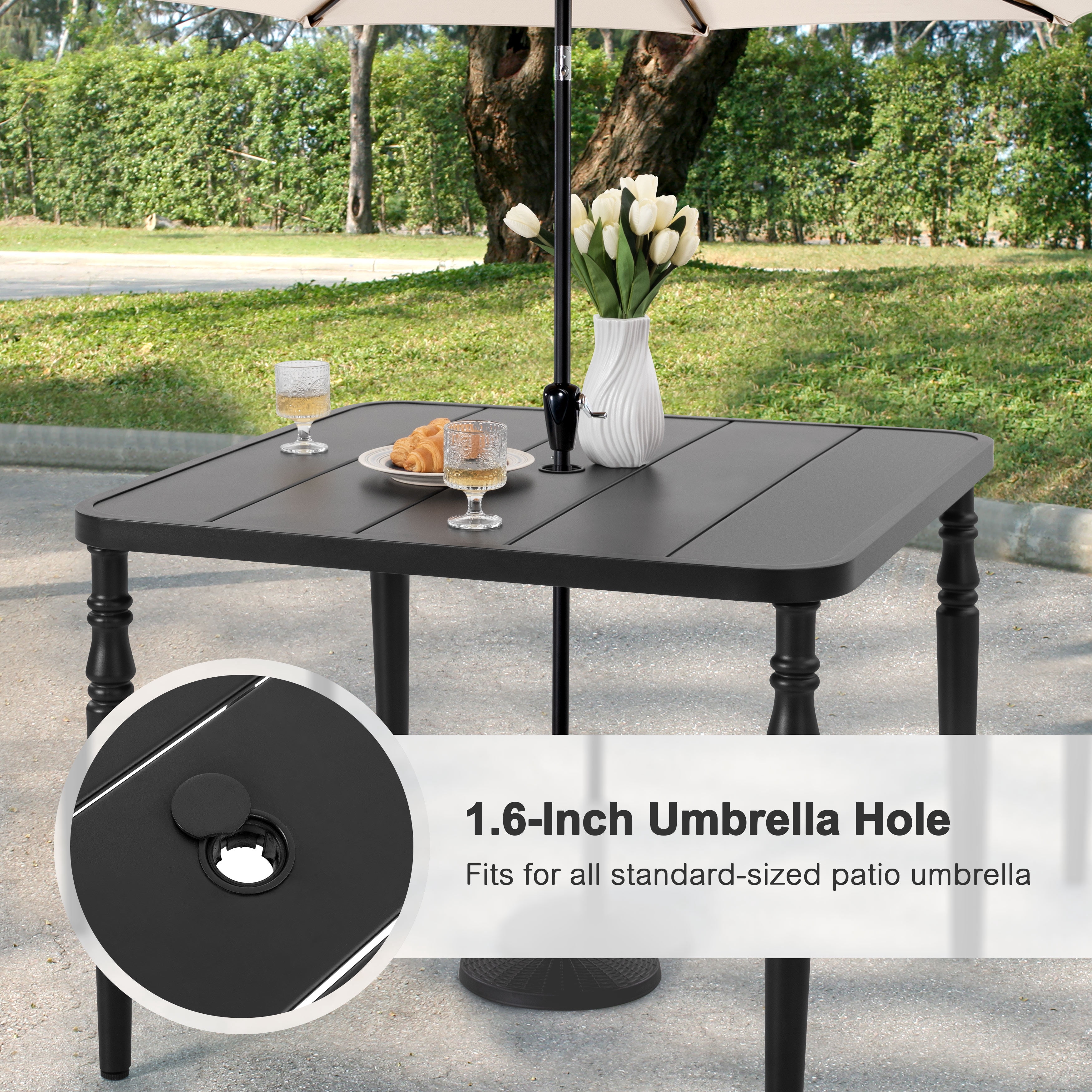 Nuu Garden 5-Piece Outdoor Dining Table Set, 37" Square Metal Table with Umbrella Hole and 4PCS C-Spring Motion Padded Textilene Metal Chairs. All-Weather Patio Outdoor Furniture, Light Grey&Black
