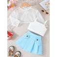 thumbnail image 2 of Bagilaanoe 3Pcs Toddler Baby Girls Summer Clothes Long Sleeve Hollow Tops + Sleeveless Camisole + Pleated Skirt 12M 18M 24M 3T 4T 5T 6T Kids Casual Skirt Set, 2 of 7