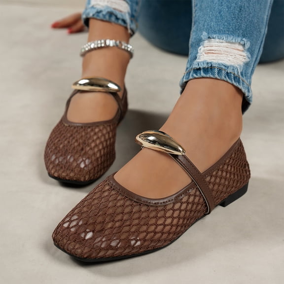 Domzle Women's Mesh Ballet Flats Buckle Strap Comfortable Ballerina Shoes Ladies Fishnet Slip-on Casual Dress Mary Jane Flats Brown