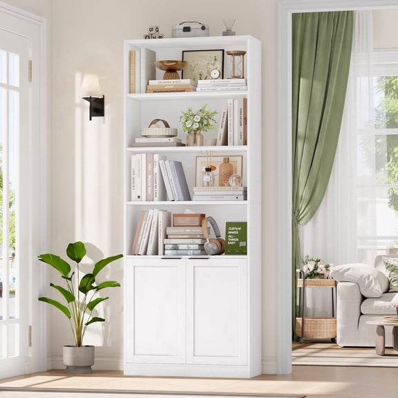 Hiphuta 73" Tall 6-Tier Bookcase with Cabinet, 26" Wide Minimalist Single Row Bookshelf with 2 Doors and 4 Open Shelves, for Office Living Room, White
