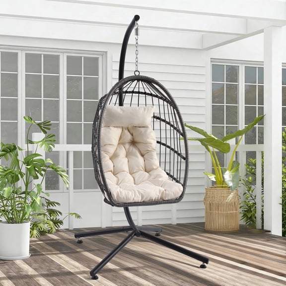 Magic Union Egg Chair with Stand, Hanging Rattan Wicker Swing for Indoor Outdoor Use, Swing Hammock Chair with Cushion & Headrest, 350 Lbs Capacity for Patio, Balcony, Porch, Bedroom