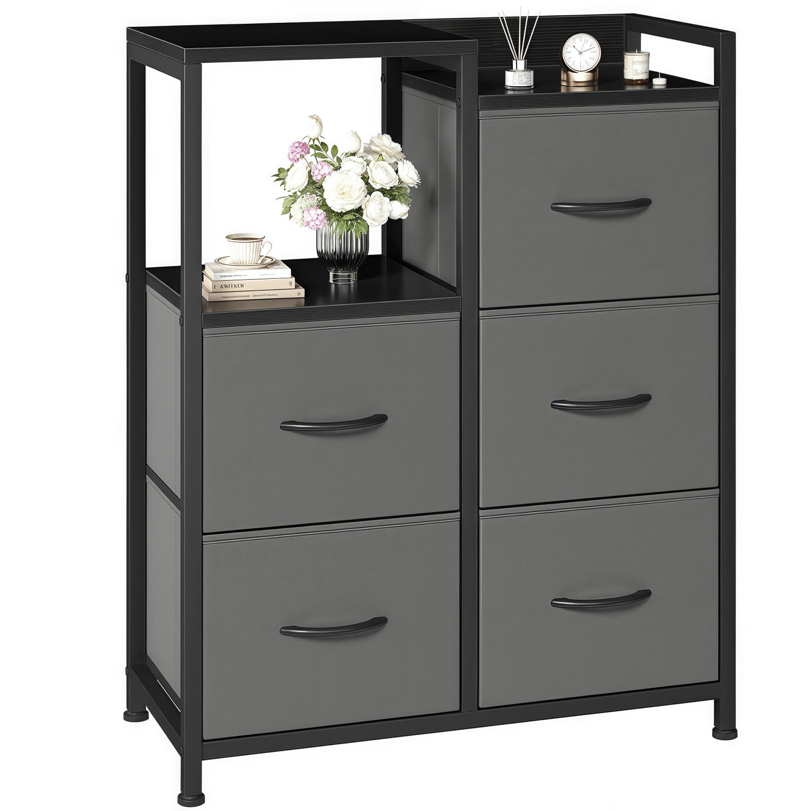 BEAUTYPEAK 5 Drawer Fabric Dresser Storage Chest with 2 Tier Open Shelf Wooden Top, Gray