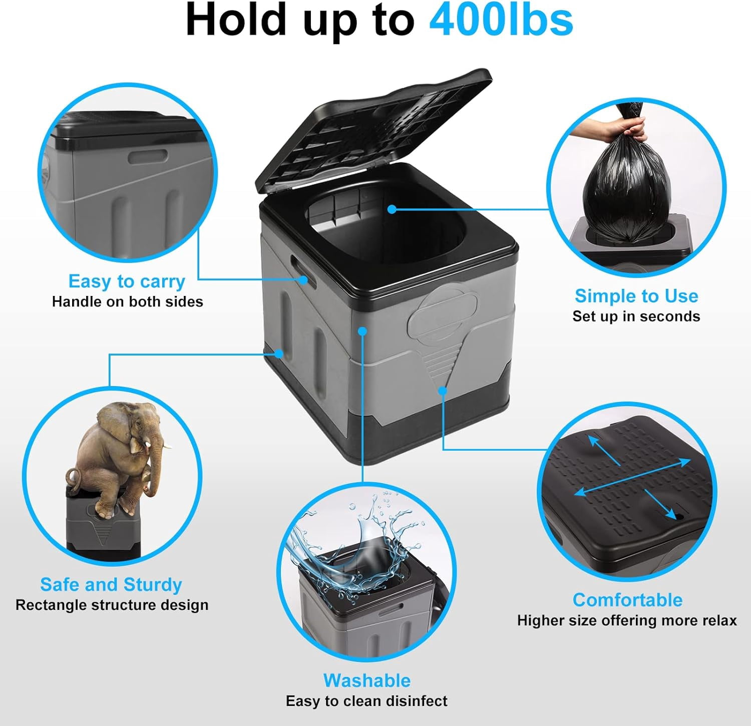 Beiled Outdoor Portable Foldable Toilet with Lid, Black Gray, 12.6 x 12.2 x 11 in, 1-Pack