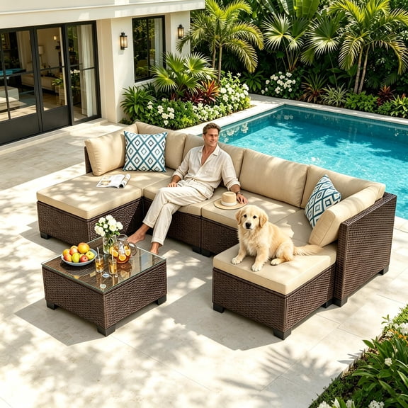 Gizoon 7-Piece Outdoor Patio Furniture Wicker Rattan Set, Sectional Sofa with Waterproof Cushions and Coffee Table, Beige