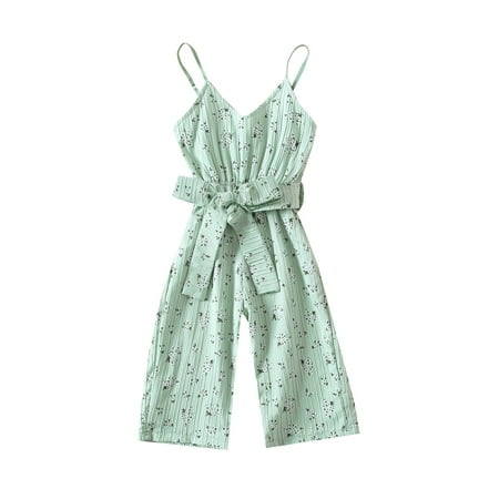 

ZIYIXIN Summer Lovely Infant Kids Girls Jumpsuits Overalls Flowers Printed Stral Sleeveless V Neck Playsuits With Belt Green 2-3 Years