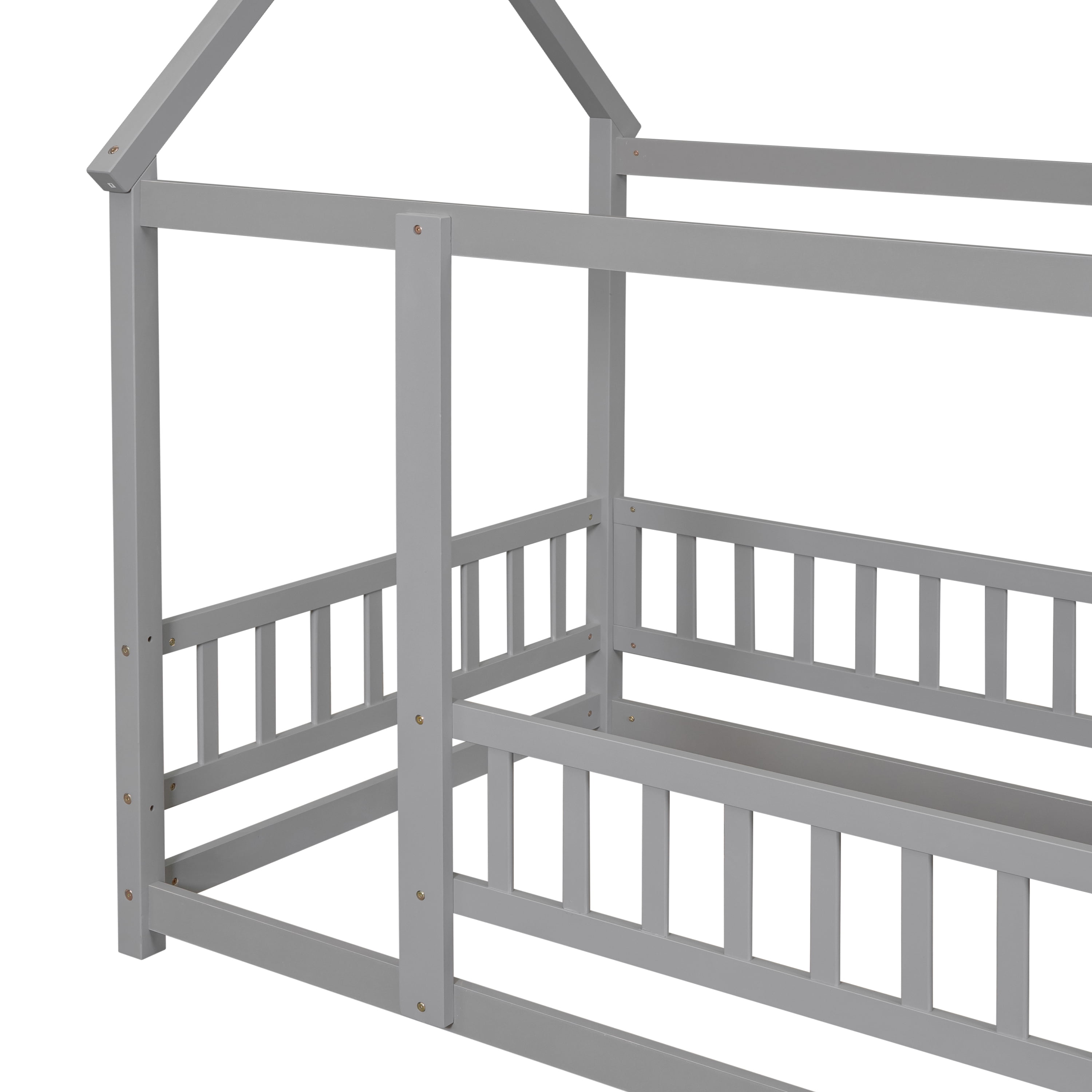 Miniyam Kids Twin Montessori House Floor Bed with Fence, Wood Roof Frame, Gray