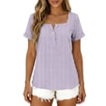 thumbnail image 6 of Yrmaups Loose Fit Short Sleeve T Shirt for Women Plus Size, Square Neck Button Down Blouse, Striped Casual Tee, Soft Stretch Top for Beach Travel Office Daily Wear, Purple 2XL, 6 of 8