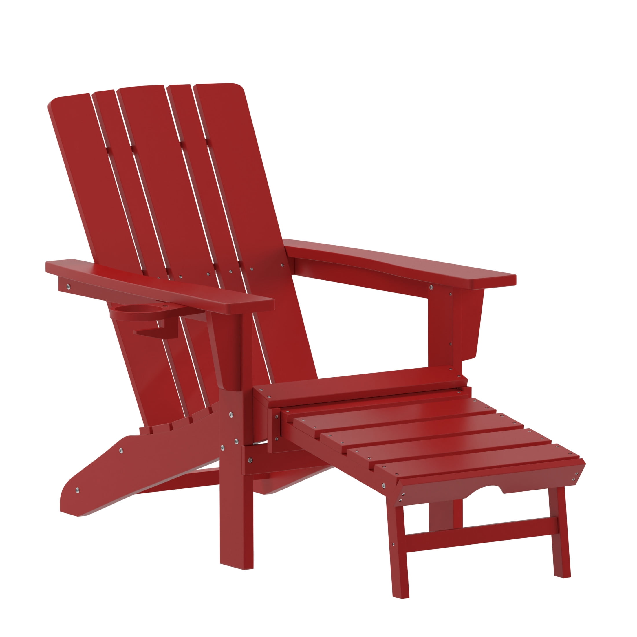 Emma + Oliver Adirondack Chair with Cup Holder and Pull Out Ottoman, All-Weather HDPE Indoor/Outdoor Lounge Chair in Red