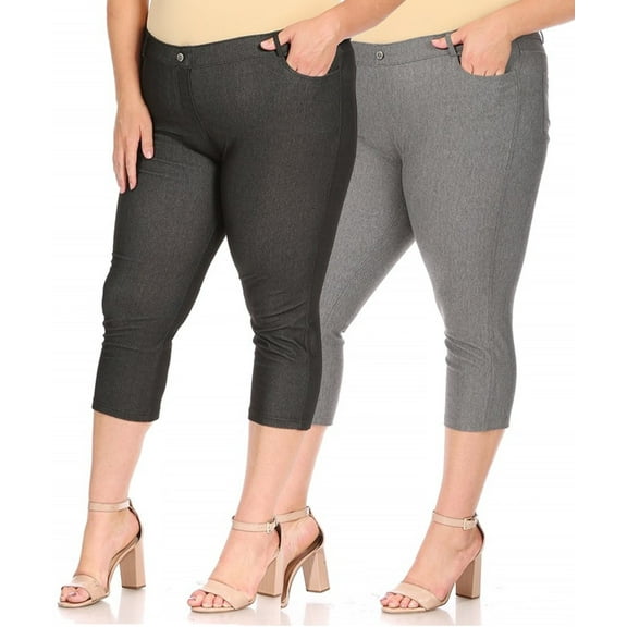 Women's Plus Size Casual Comfy Slim Pocket Jeggings Jeans Capri Leggings Pants (Pack of 2)