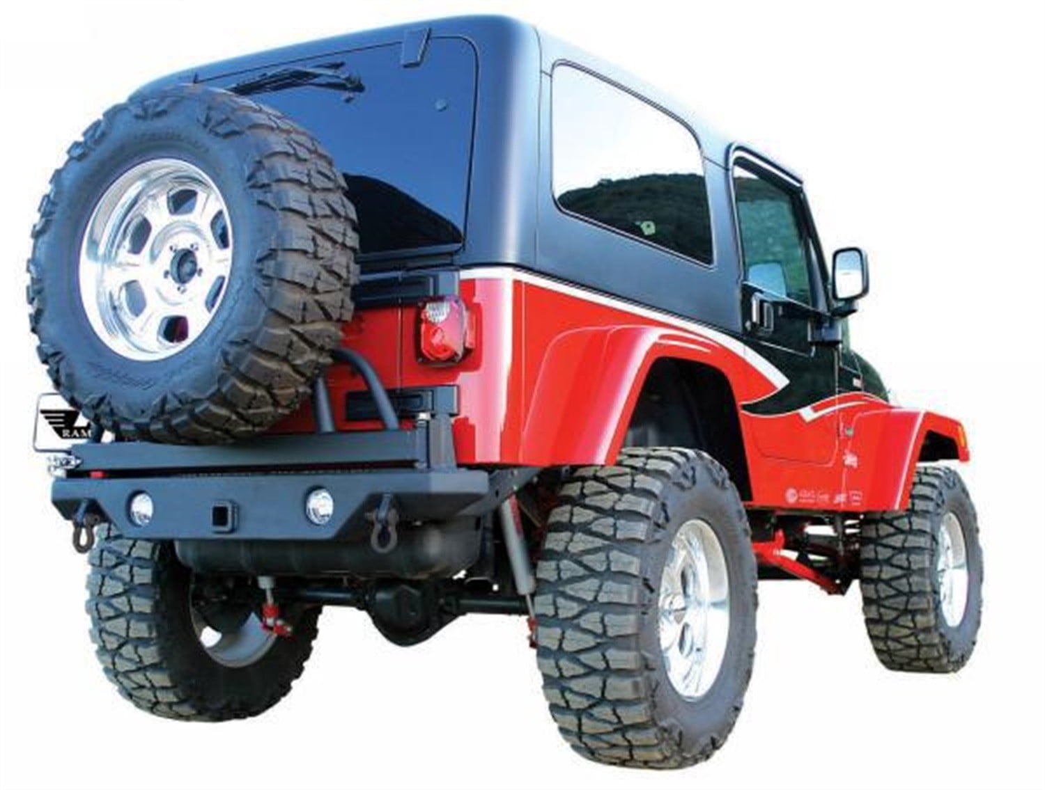 Rampage 76610 Rear Recovery Bumper, Black w/Swing Away Tire Mount Lights Sold Separately