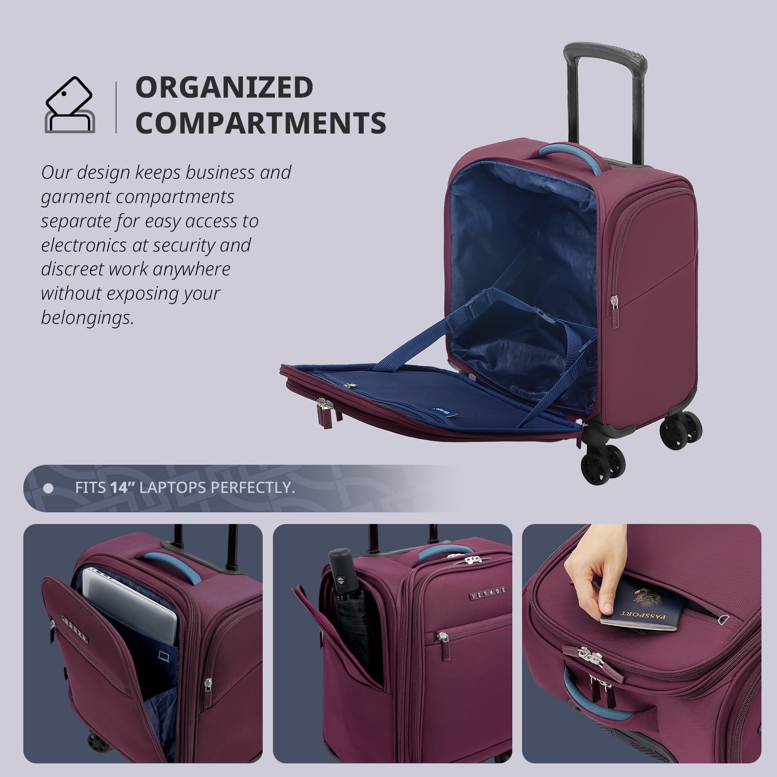VERAGE Underseat Carry on Luggage with spinner Wheels & USB Port,Bag for Airlines, Lightweight Suitcase for Men Women, Pilots and Crew ,Grape red (14-Inch Plus)