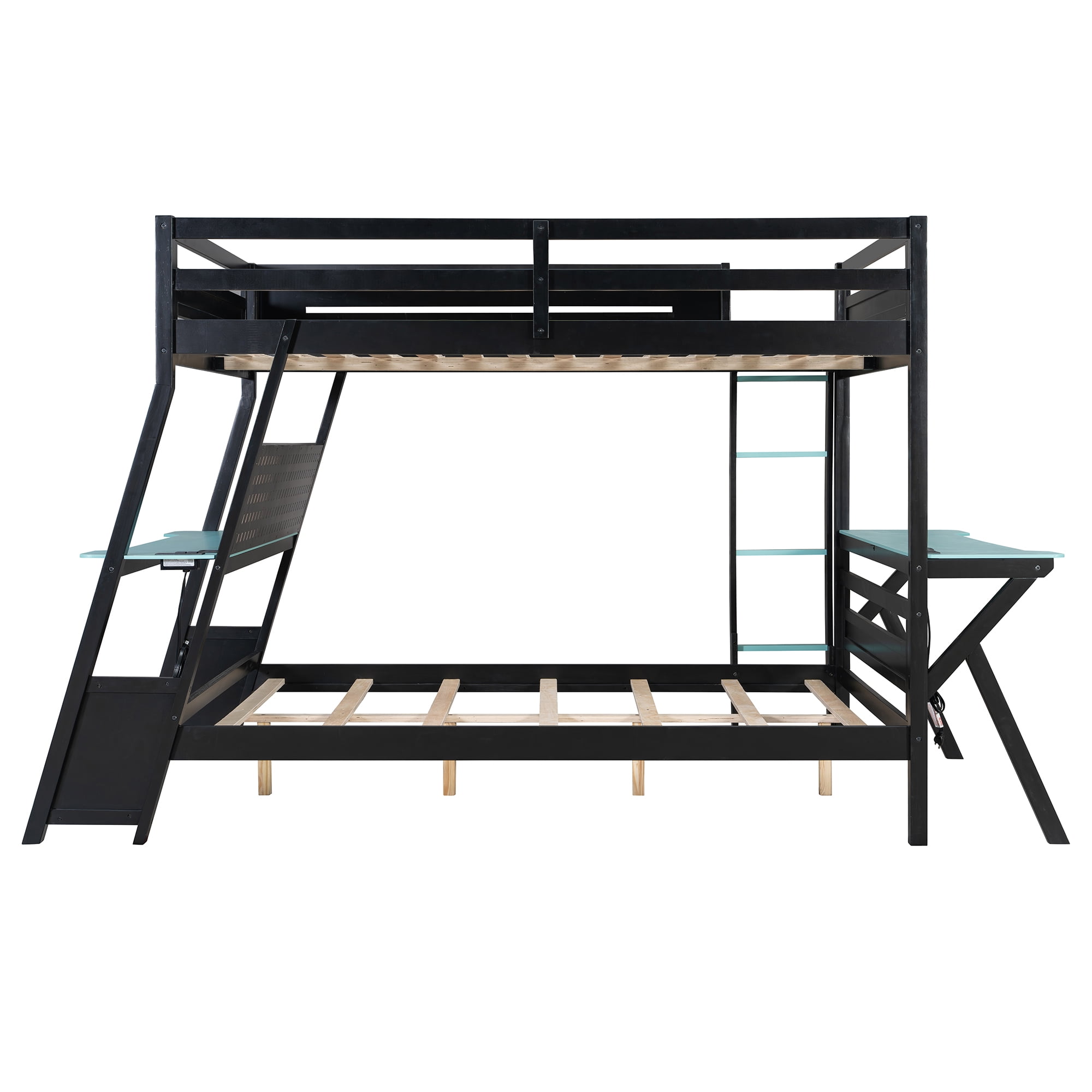 Aukfa Full over Full Bunk Bed with Built-In Desks, USB Charging Ports & Pegboard Organizer, Wood E-Sports Gaming Bed Frame for Kids/Teens, Blue
