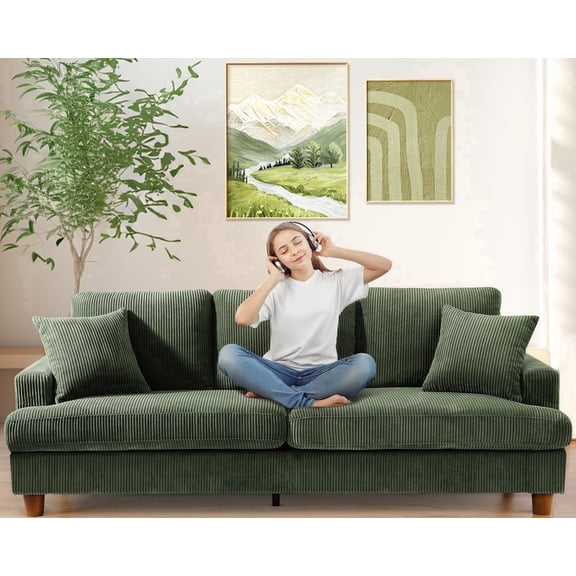 Welzona 87" Corduroy Sofa, Modern 3-Seater Couch with 2 Throw Pillows, Tool-Free Assembly, Green
