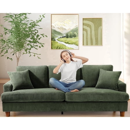 Welzona 87" Corduroy Sofa, Modern 3-Seater Couch with 2 Throw Pillows, Tool-Free Assembly, Green