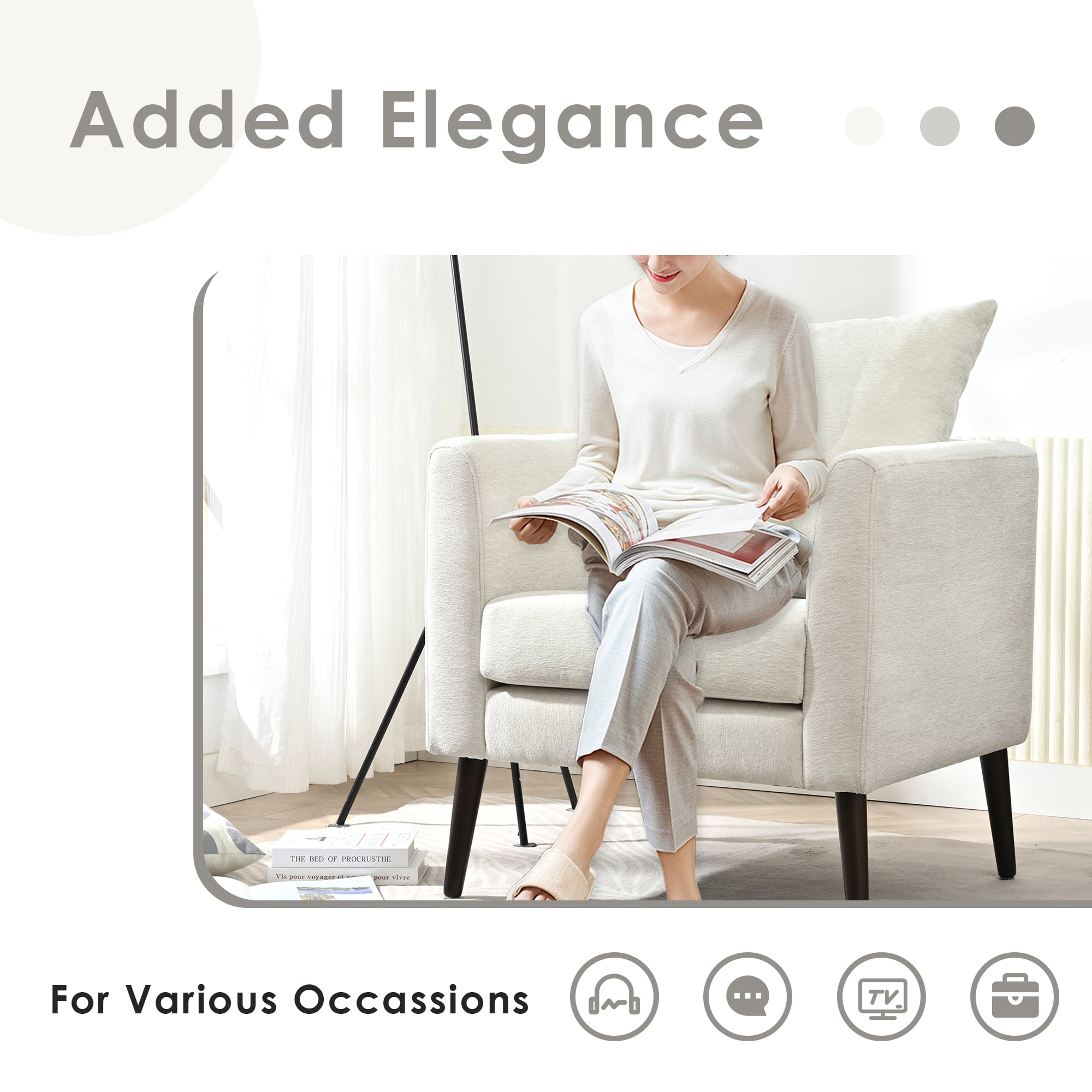 Barrel Accent Chair Upholstered Armchair with Back Pillow Modern Reading Chairs for Living Room, Beige