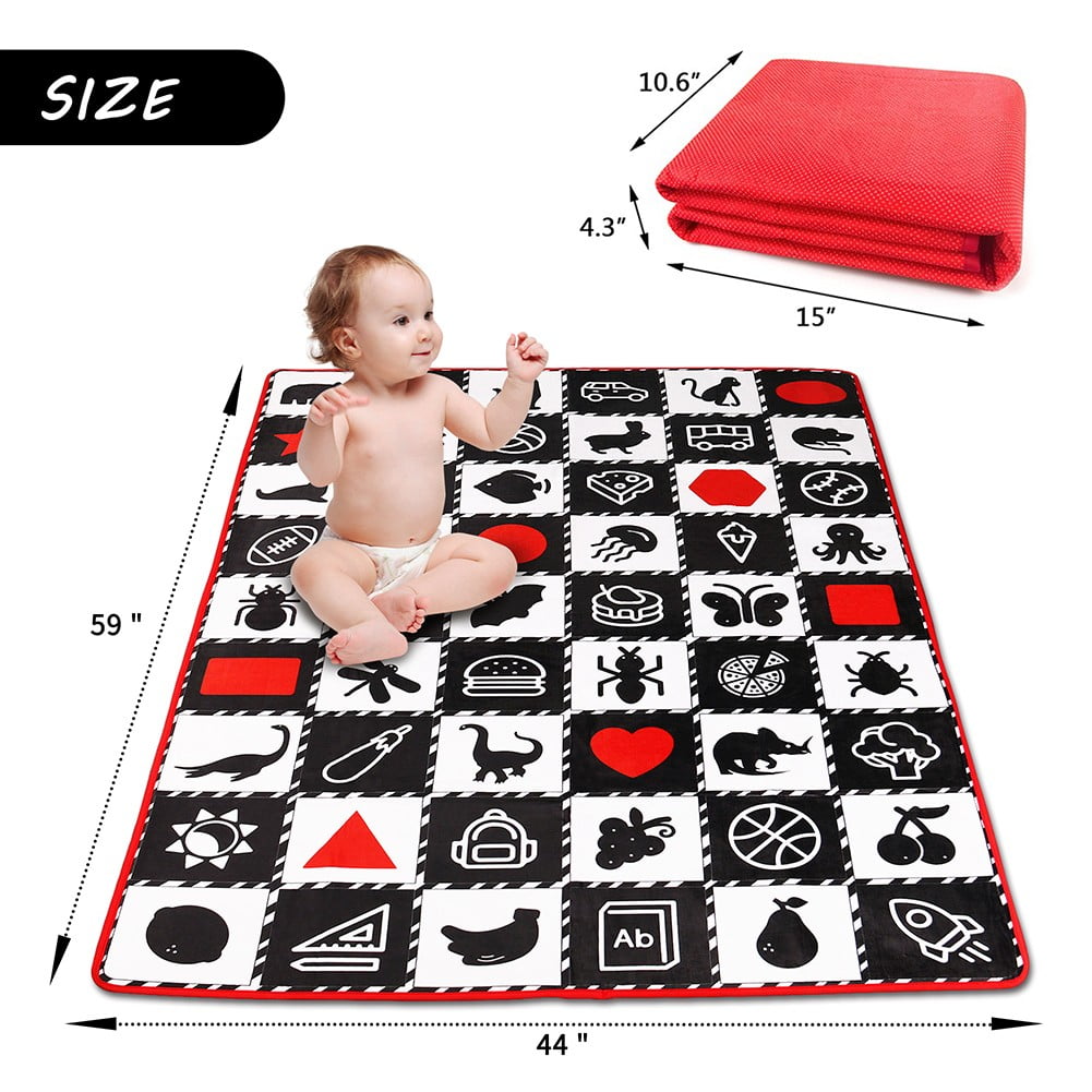 loivesh Baby Mat for Floor,Baby Tummy Time Mat- Black and White High Contrast Interactive Activities Mat,Baby Play Mats for Babies Newborn and Toddlers for Early Learning, Animal Fruits Shapes Vehicle
