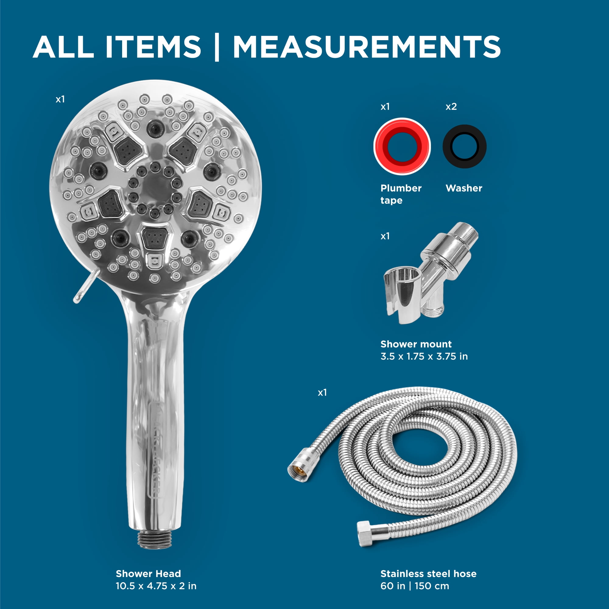BLACK+DECKER High Pressure Handheld Shower Head with 9 Spray Settings and Stainless Steel Hose, Chrome