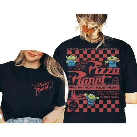 Women's "Pizza Planet" Toy Story Graphic Tees featuring Alien and Checkered Print T - shirts Comfortable Short Sleeve Tops Great For Daily Casual Shirts