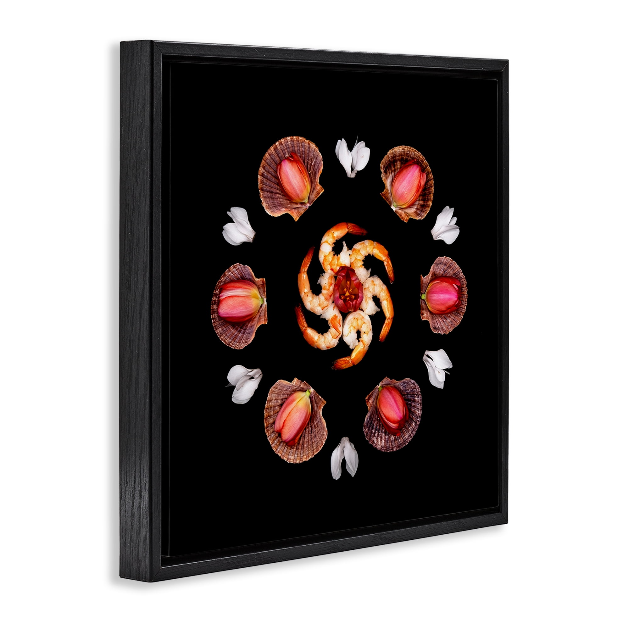 Stupell Industries Seashells & Tulips Symmetry Black Framed Floater Canvas Wall Art, design by Beth Adoette