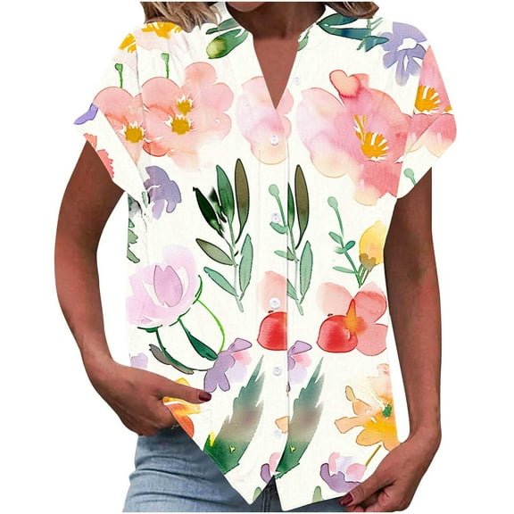 Raeneomay Button Down Shirts Loose Summer Tops for Women Women's Short Sleeved Fashionable Printed T-Shirt Cardigan Loose and Women's Summer Casual Shirt Top