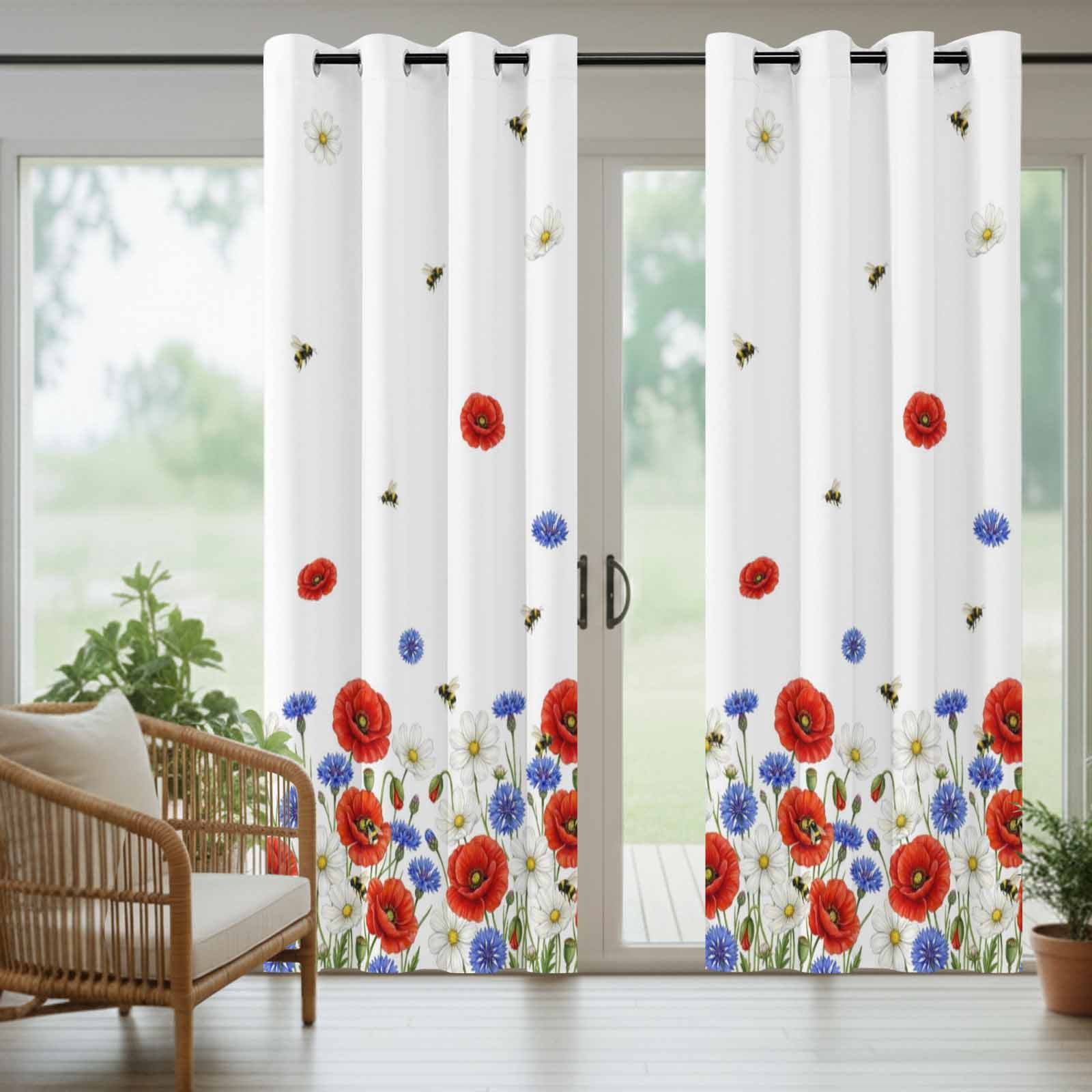Independence Day Outdoor Curtains for Patio, Watercolor Red Blue White Daisy Cute Bee Sunshade Privacy Drapes Grommet Waterproof Outside Curtains for Porch/Cabana/Balcony 54"x 108", 1 Panel