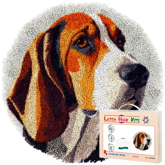Latch Hook Rug Kit Basset Hound Stamped Handmade Round Shape Carpet Crochet Yarn Craft DIY Hook and Latch Door Mat Tapestry for Christmas Home Floor Decor 50x50cm(1)