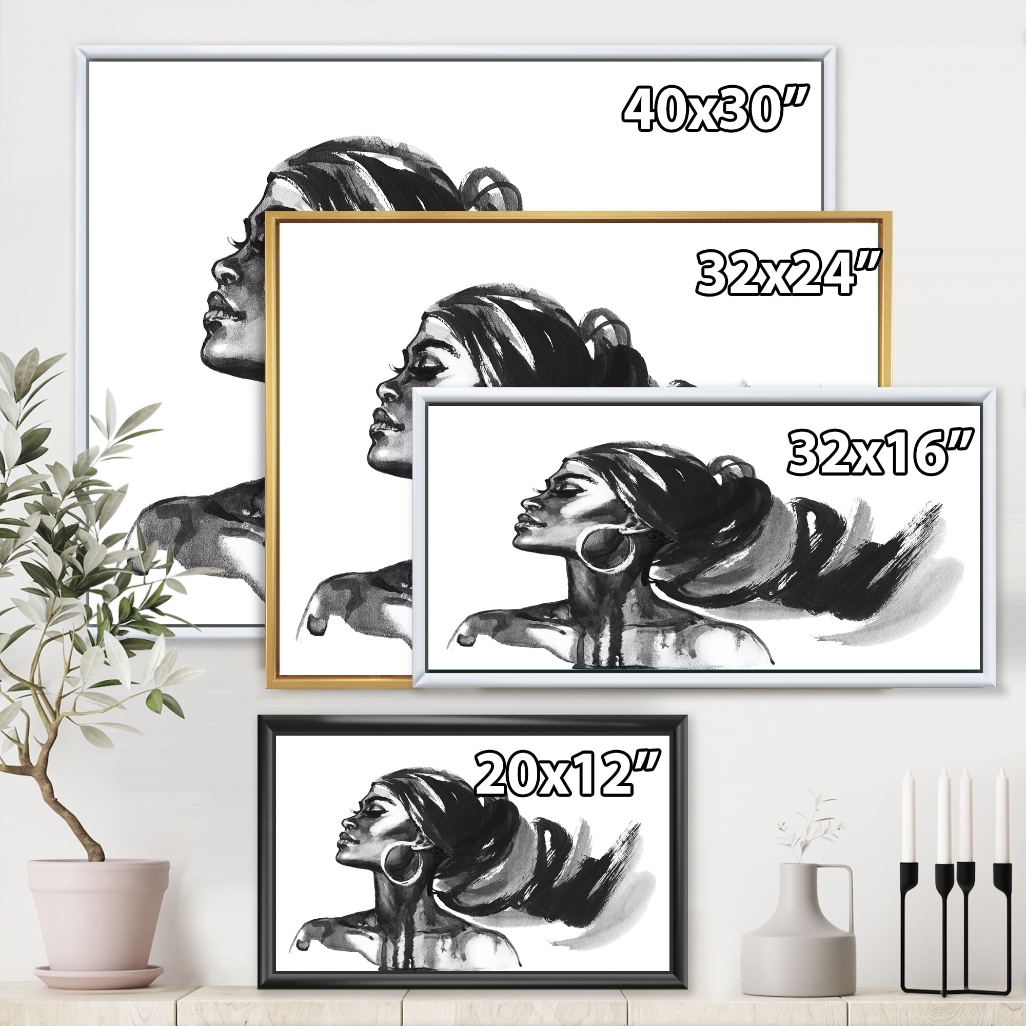 Designart 'Black and White Portrait of African American Woman IV' Modern Framed Canvas Wall Art Print