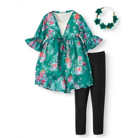 Forever Me Floral Cover Up, Graphic Top and Legging, 3-Piece Outfit Set With Headscarf (Little Girls & Big Girls)