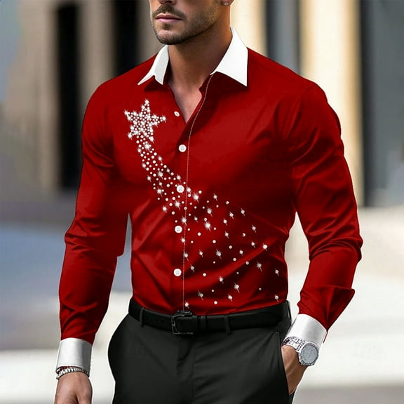 Yaoyar Mens Christmas Print Shirts Long Sleeve Casual Button Down Shirt for Men Wedding Party