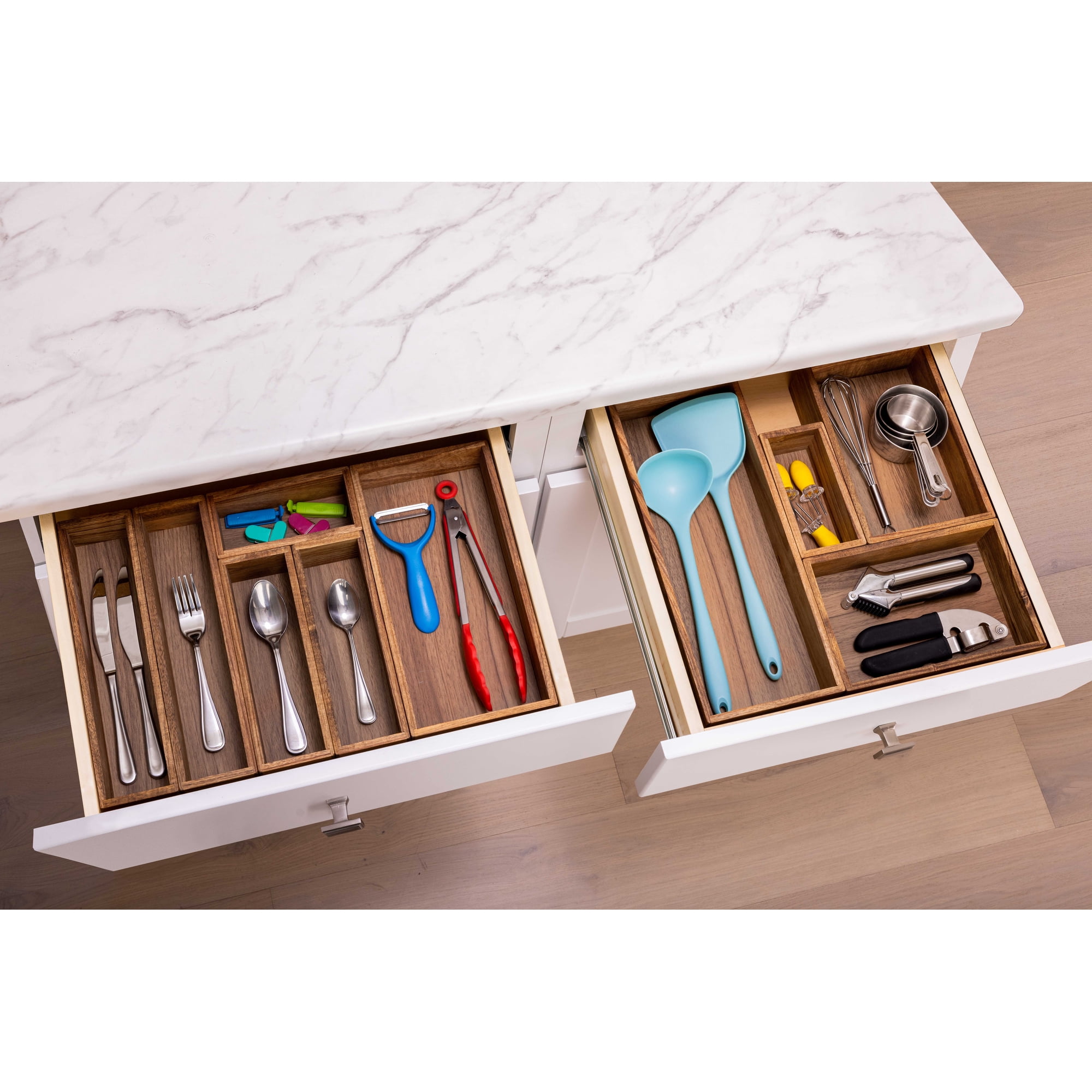 Seville Classics Acaicia Wood Premium Organizer Storage Bins for Kitchen Silverware, Pantry, Closet, Office Desk, Pens, Utensils, Makeup, K Cup, Acacia Wood, Bin Set (10 Piece)