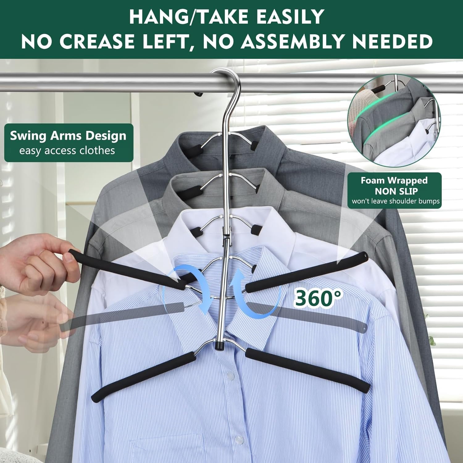 Space Saving 6 Tier Coat Hangers - Non Slip  Padded, Black Metal Sweater & T Shirt Hangers for Men & Women, 2 Pack Closet Organizers