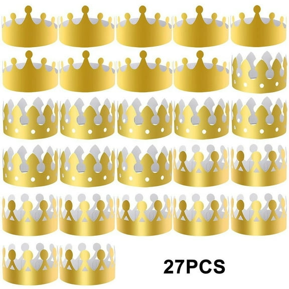 Golden Paper Crown Party Hats - 27 Piece Set, King Queen Crowns for Birthday, Wedding, Graduation Celebrations, Gold Foil Adjustable Size