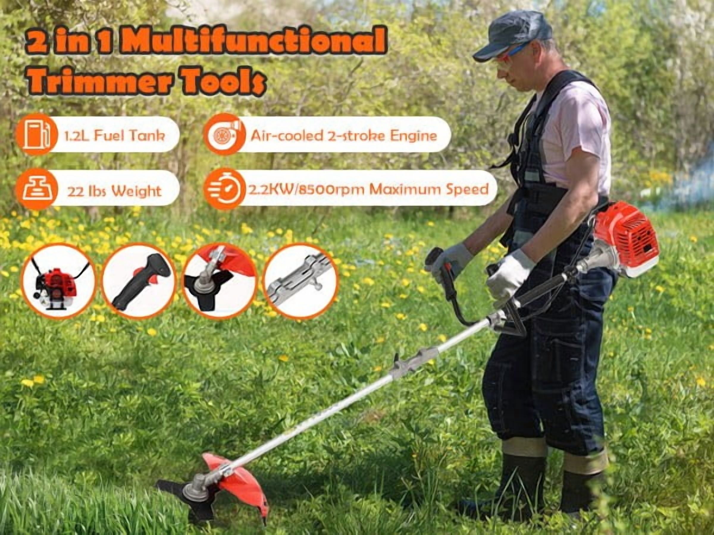 YNCE String Trimmer, 52cc Weed Wacker Gas Powered,2-in-1 Cordless Gas Lawn Mower,13.7inch,2-Stroke Brush Cutter Plastic Handle Shoulder Strap,Gas Straight Shaft String 1.2L Gas Capacity