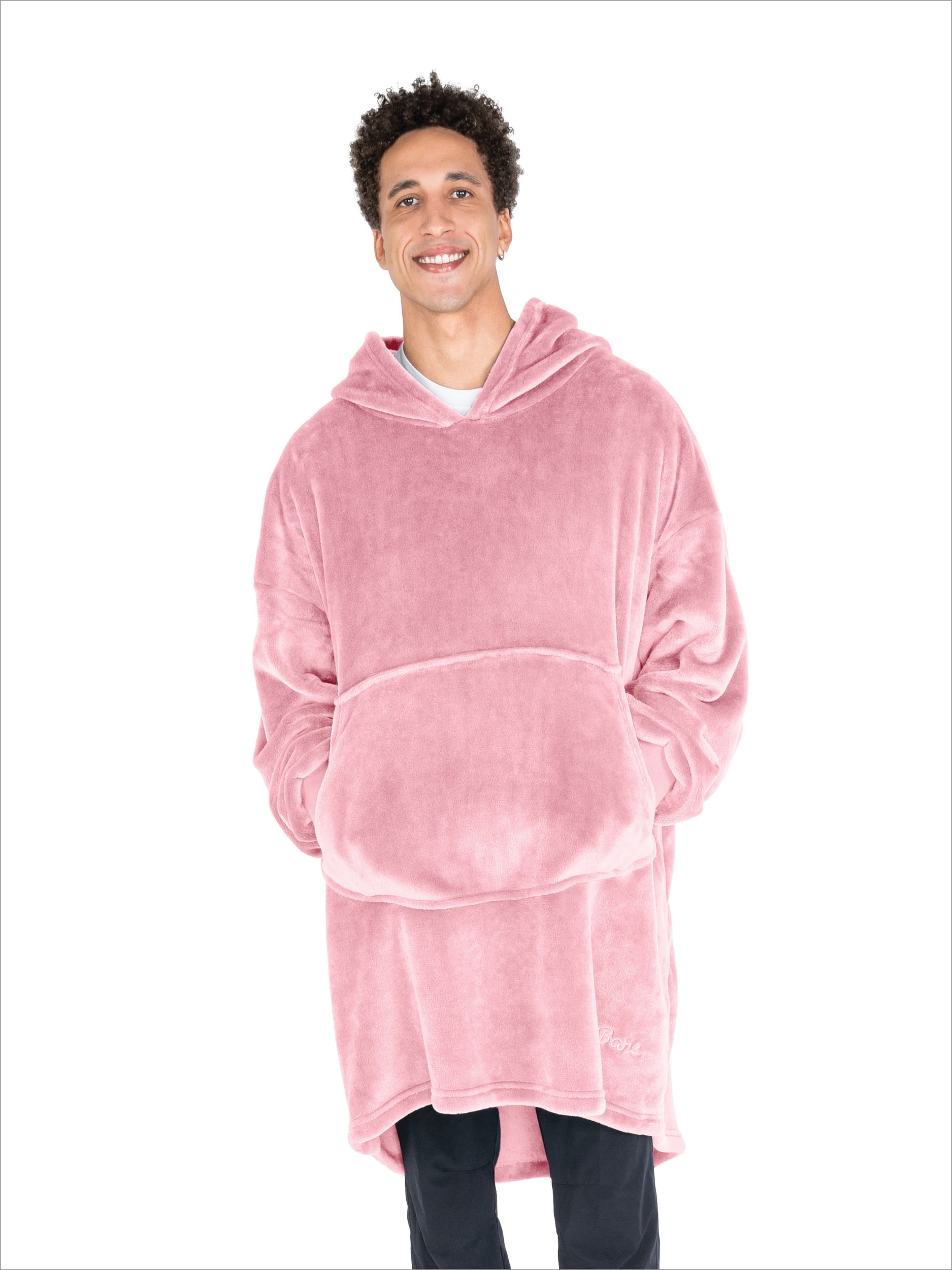Bare Homey Adult Size Microplush Wearable Blanket, Round Trapezoid Pocket, Light Pink