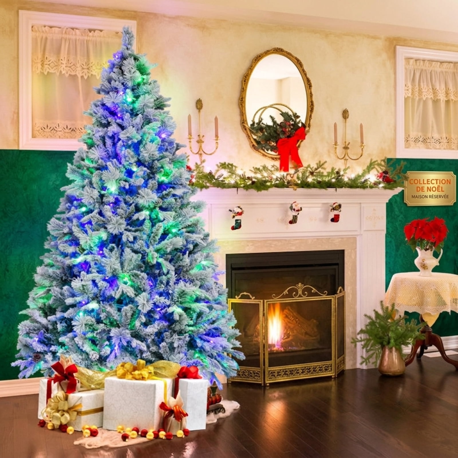 RUIE 7 ft Flocked Artificial Christmas Tree with Pine Cones, Pre-Lit Green White Xmas Tree, 320 LED Lights and 1270 Branch Tips