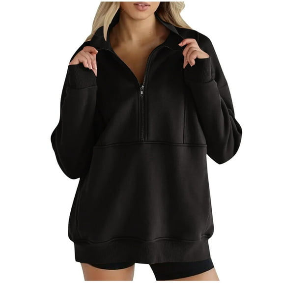 Womens Baggy Half Zip Sweatshirts Plain Pullover Thumb Hole Long Sleeve Sports Casual Trendy Tops No Hood (XL, Black)